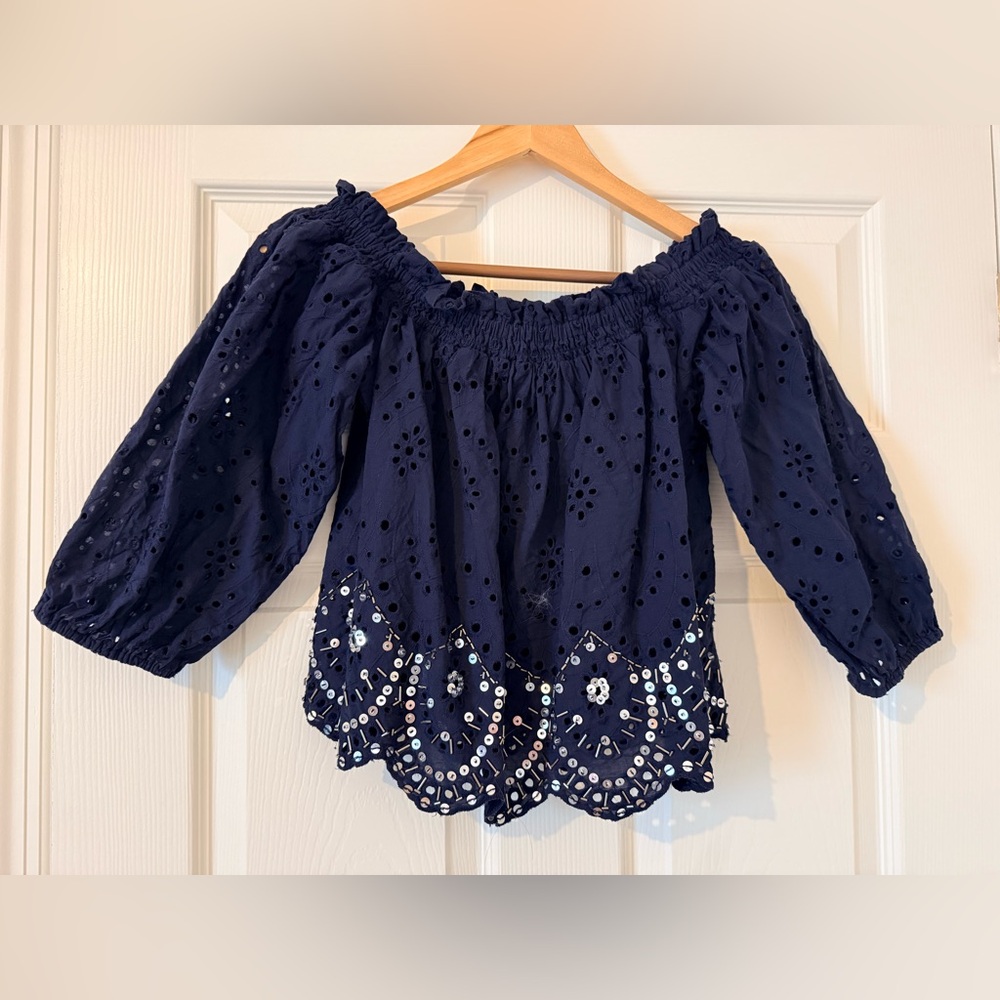 Express Eyelet Off-Shoulder Top. - Picture 2 of 2